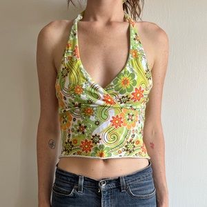 Green Flower Power Tie-Neck Halter Top